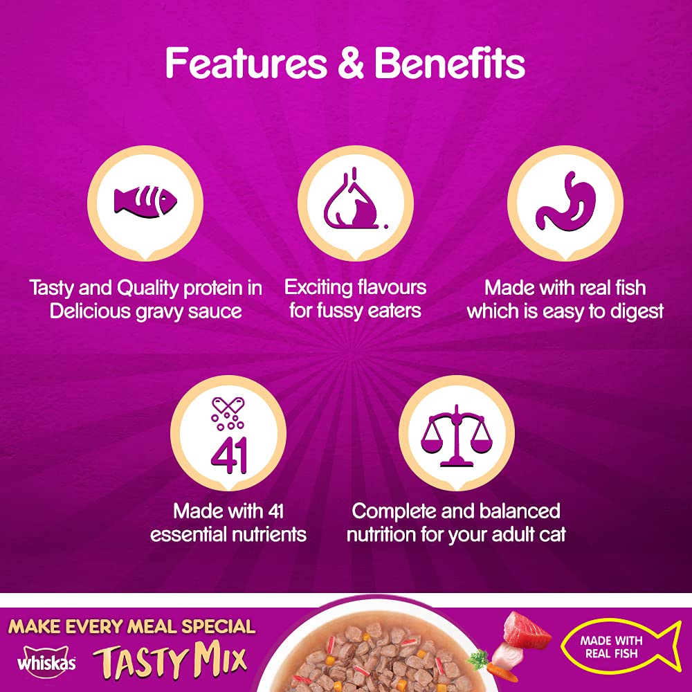 WHISKAS® Adult (1+ year) Tasty Mix Wet Cat Food Made With Real Fish, Tuna With Kanikama And Carrot in Gravy - Pack of 12 - 3