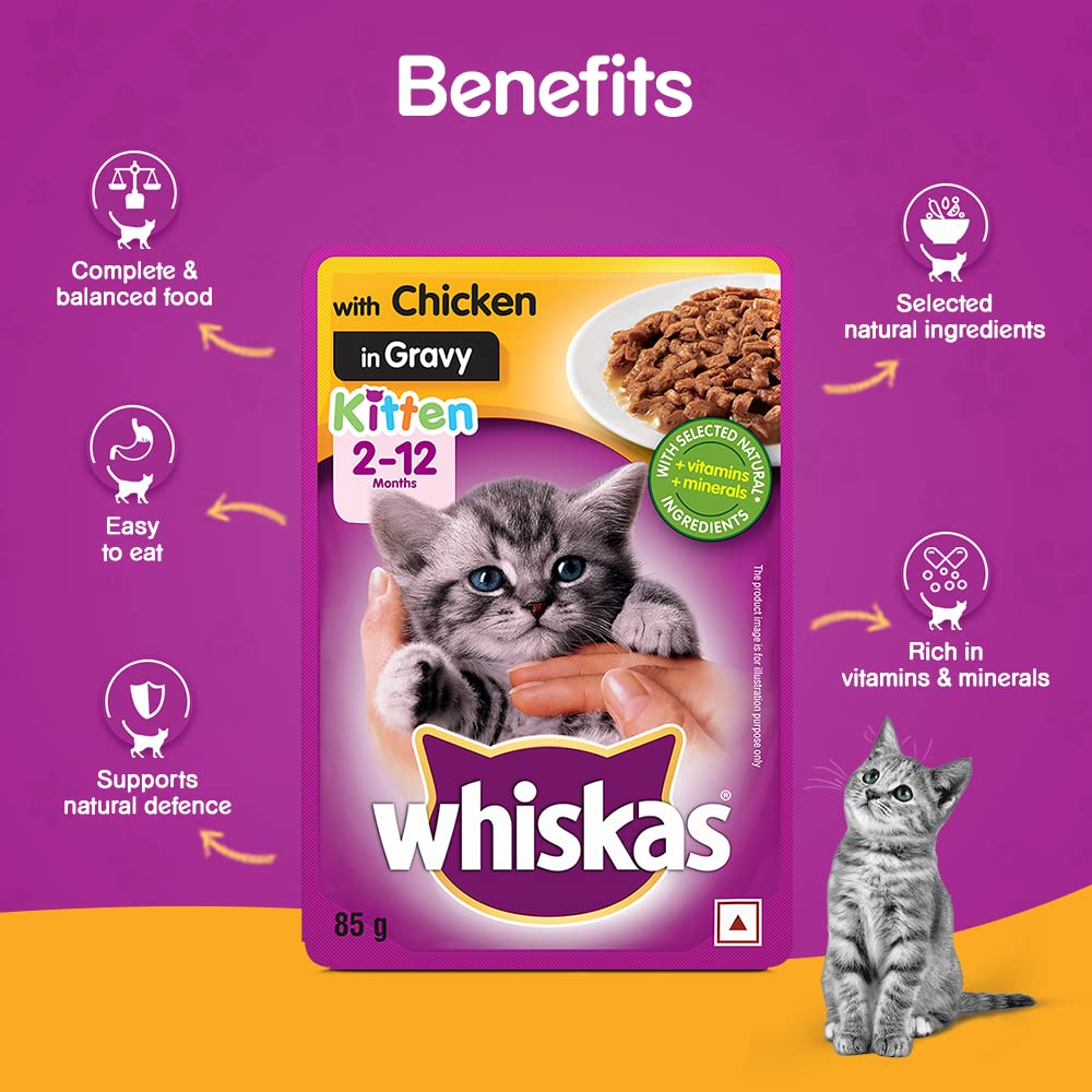 WHISKAS® Wet Food for Kittens (2-12 Months), Chicken in Gravy Flavour, 12 pouches (12x 85g) - 3