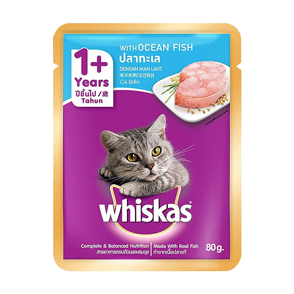 WHISKAS® Wet Cat Food for Adult Cats (1+Years), Ocean Fish, 12 Pouches (12 x 80g) - 1