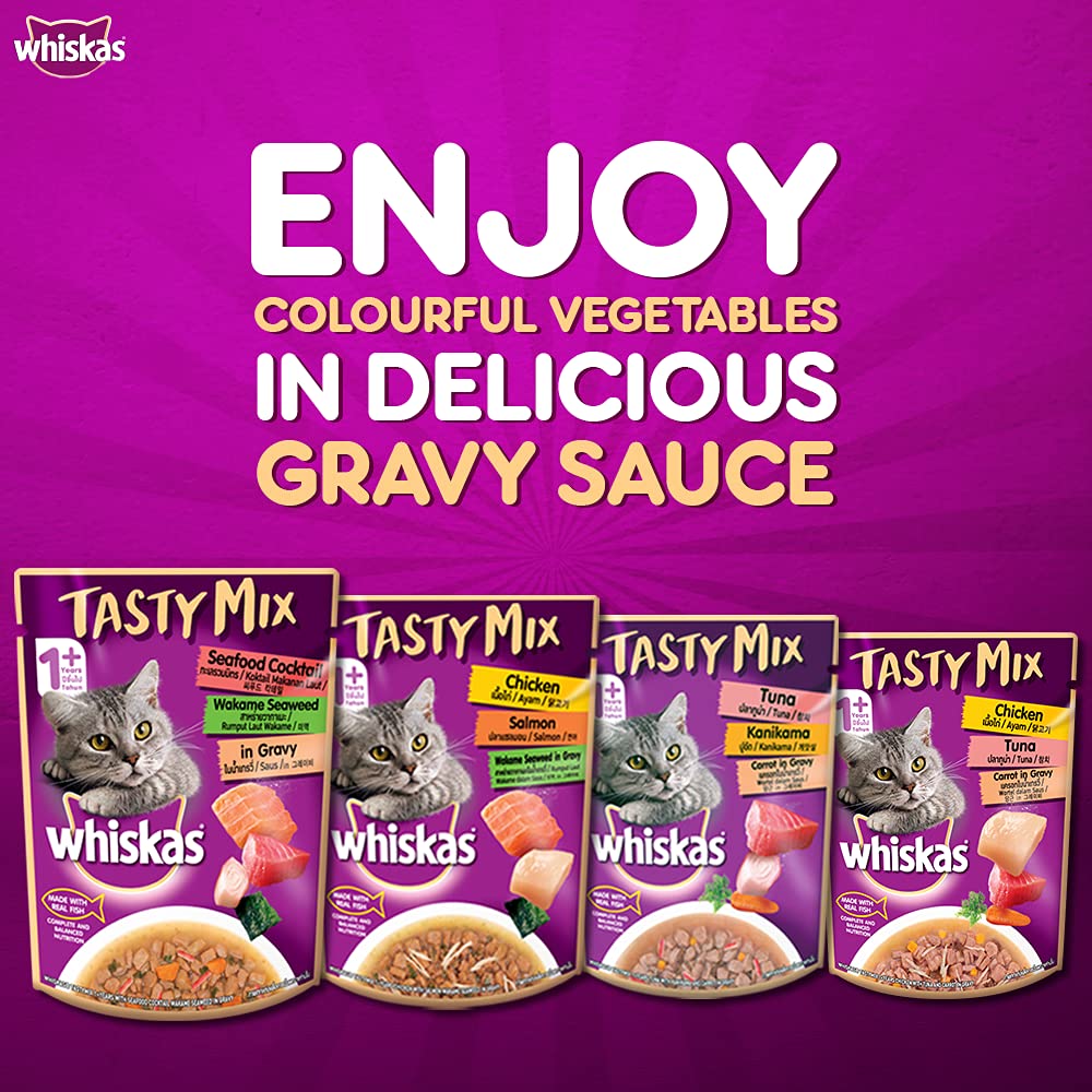 WHISKAS® Adult (1+ Year) Tasty Mix Wet Cat Food Made with Real Fish, Chicken with Tuna and Carrot in Gravy - Pack of 12 - 4