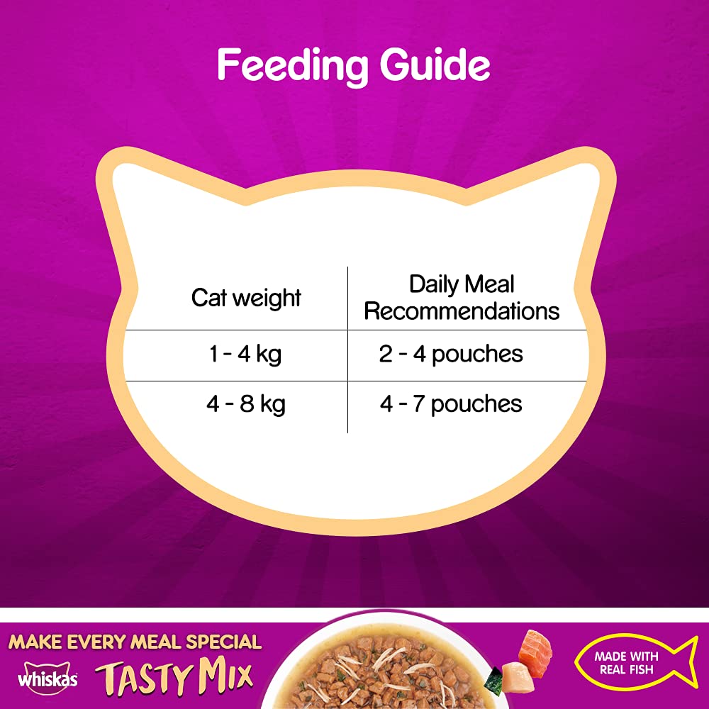 WHISKAS® Adult (1+ year) Tasty Mix Wet Cat Food Made With Real Fish, Chicken With Salmon Wakame Seaweed in Gravy - Pack of 12 - 3