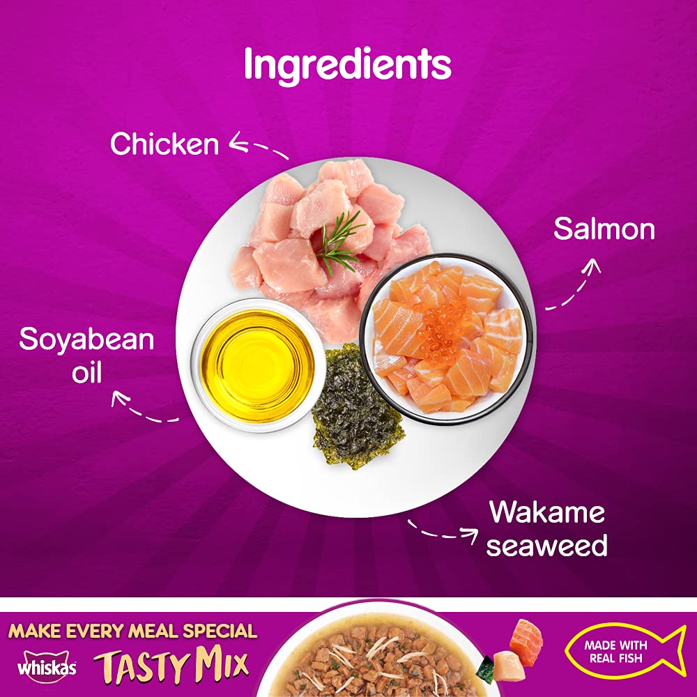 WHISKAS® Adult (1+ year) Tasty Mix Wet Cat Food Made With Real Fish, Chicken With Salmon Wakame Seaweed in Gravy - Pack of 12 - 5