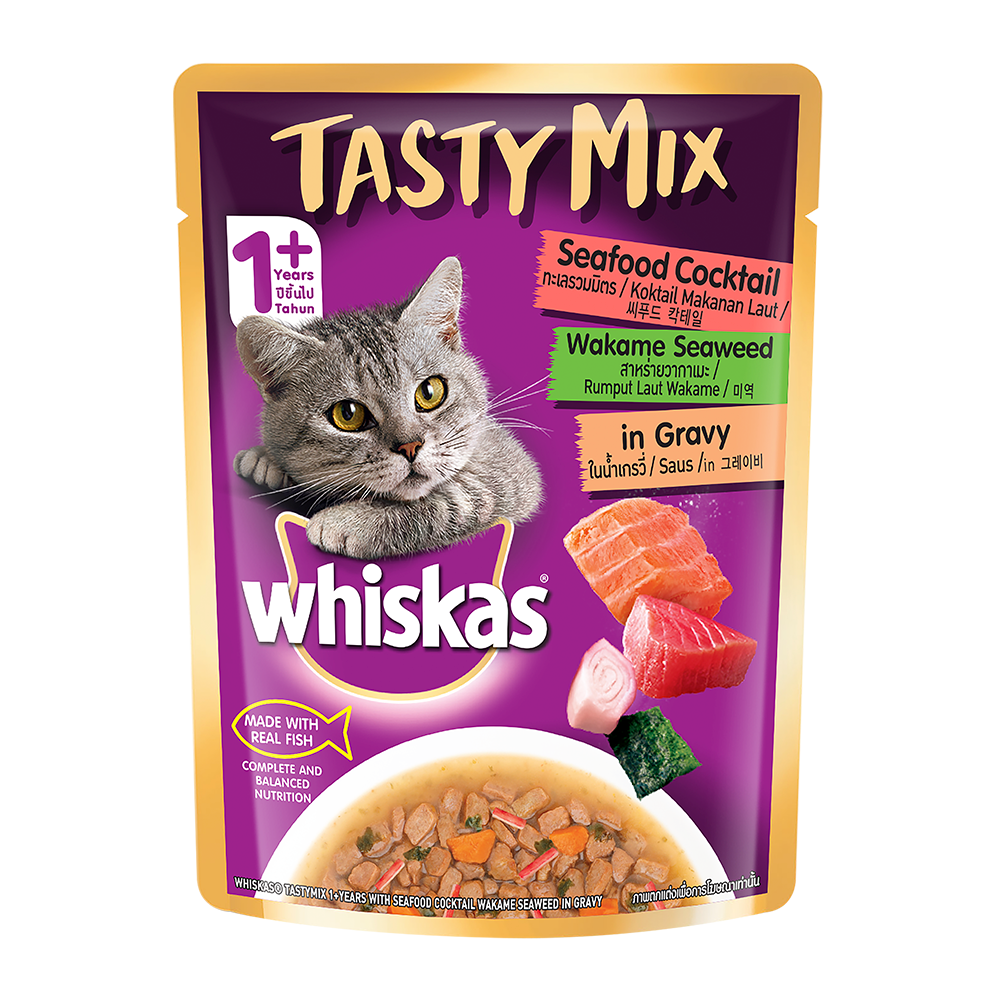 WHISKAS® Adult Tasty Mix Wet Food with Real Fish, Chicken with Tuna and Carrot in Gravy